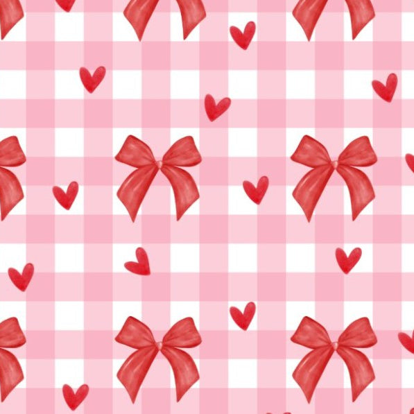 Pattern of red bows and hearts on a pink and white checkered background
