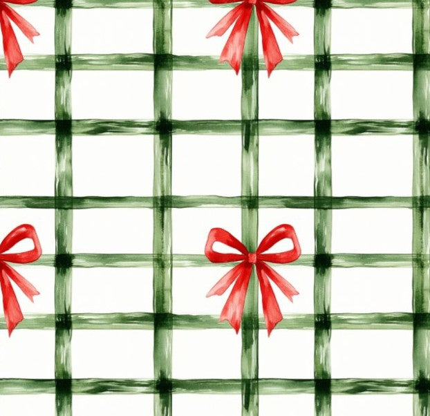 Green plaid pattern with red bows on a white background