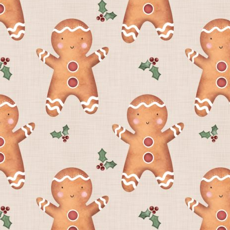 A repeating pattern of cute gingerbread men cookies decorated with white icing, accented with small green holly leaves and red berries on a light beige fabric-like background.