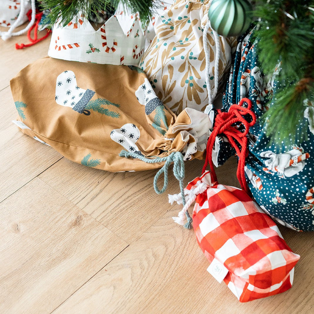 Red Gingham Christmas fabric gift bag