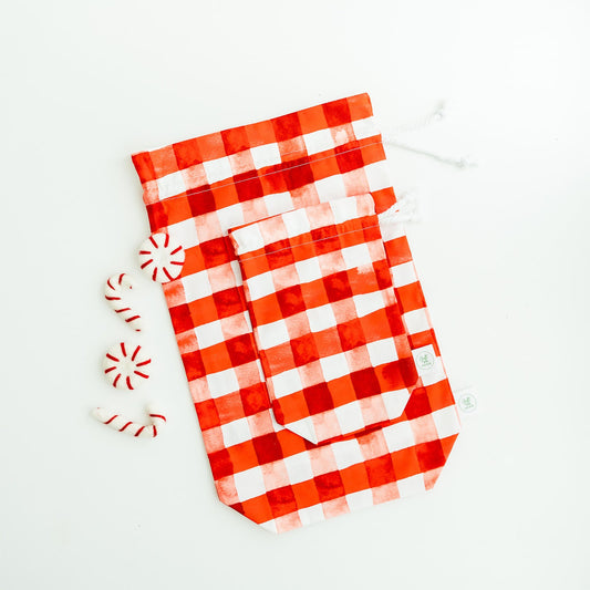 Red Gingham Christmas fabric gift bag