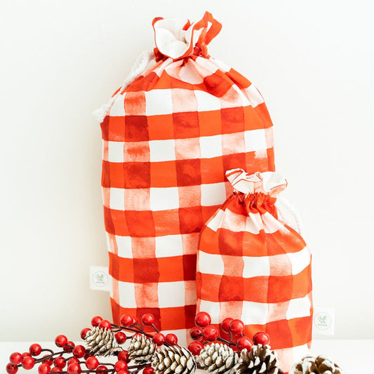 Red Gingham Christmas fabric gift bag