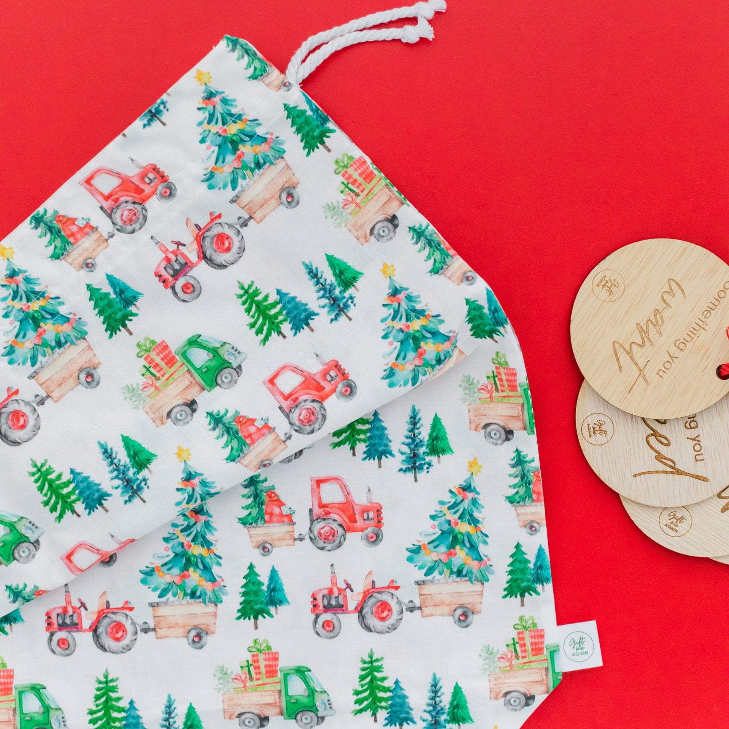 Christmas Tractors fabric gift bag