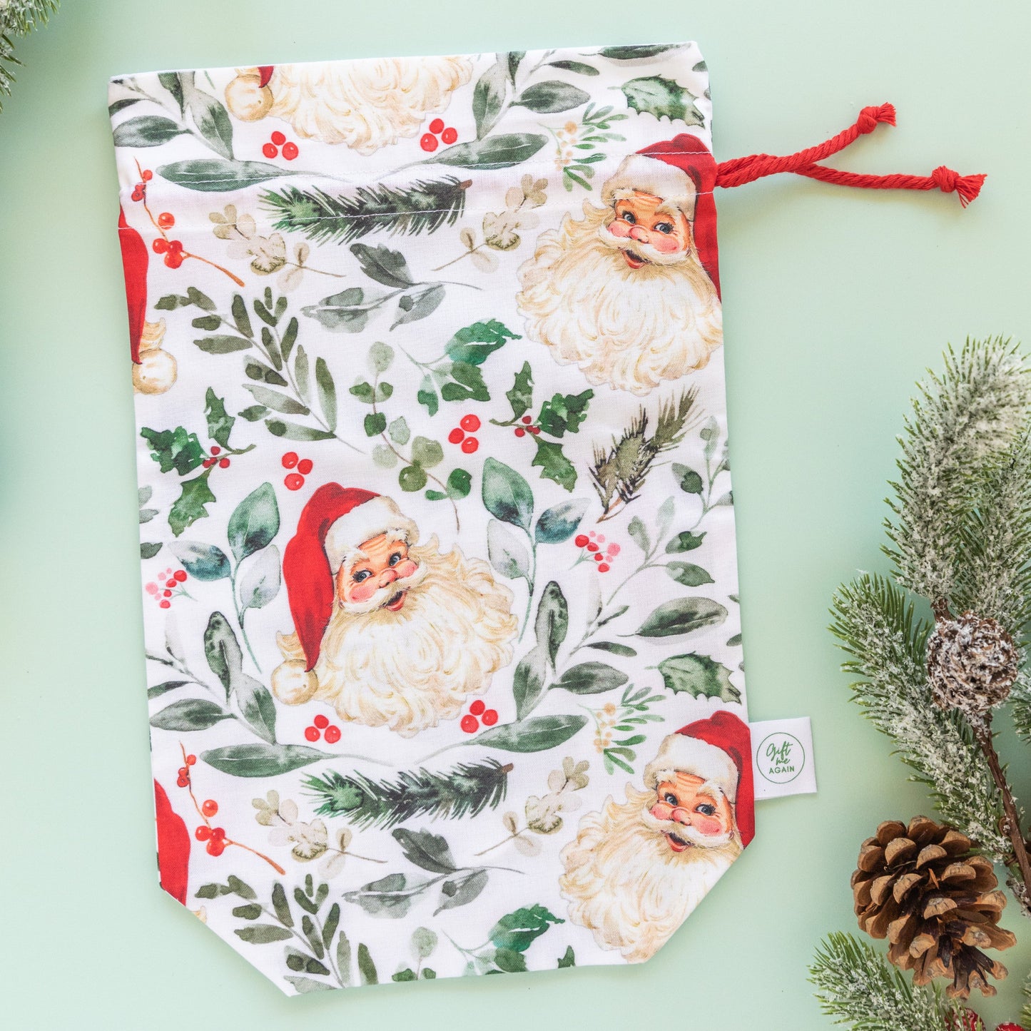 Vintage Santa Christmas Fabric Gift Bag