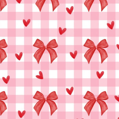 Pattern of red bows and hearts on a pink and white checkered background