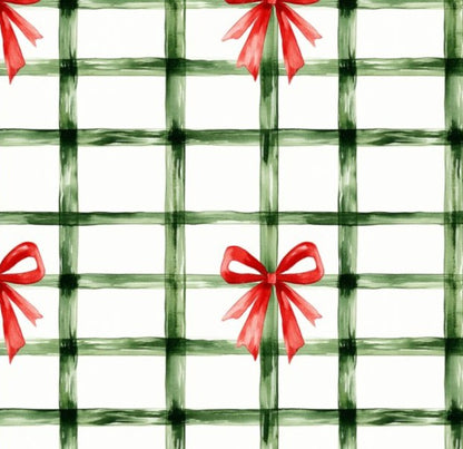 Green plaid pattern with red bows on a white background