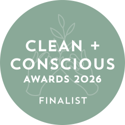 Green badge with 'Clean + Conscious Awards 2026 Finalist' text and logo.